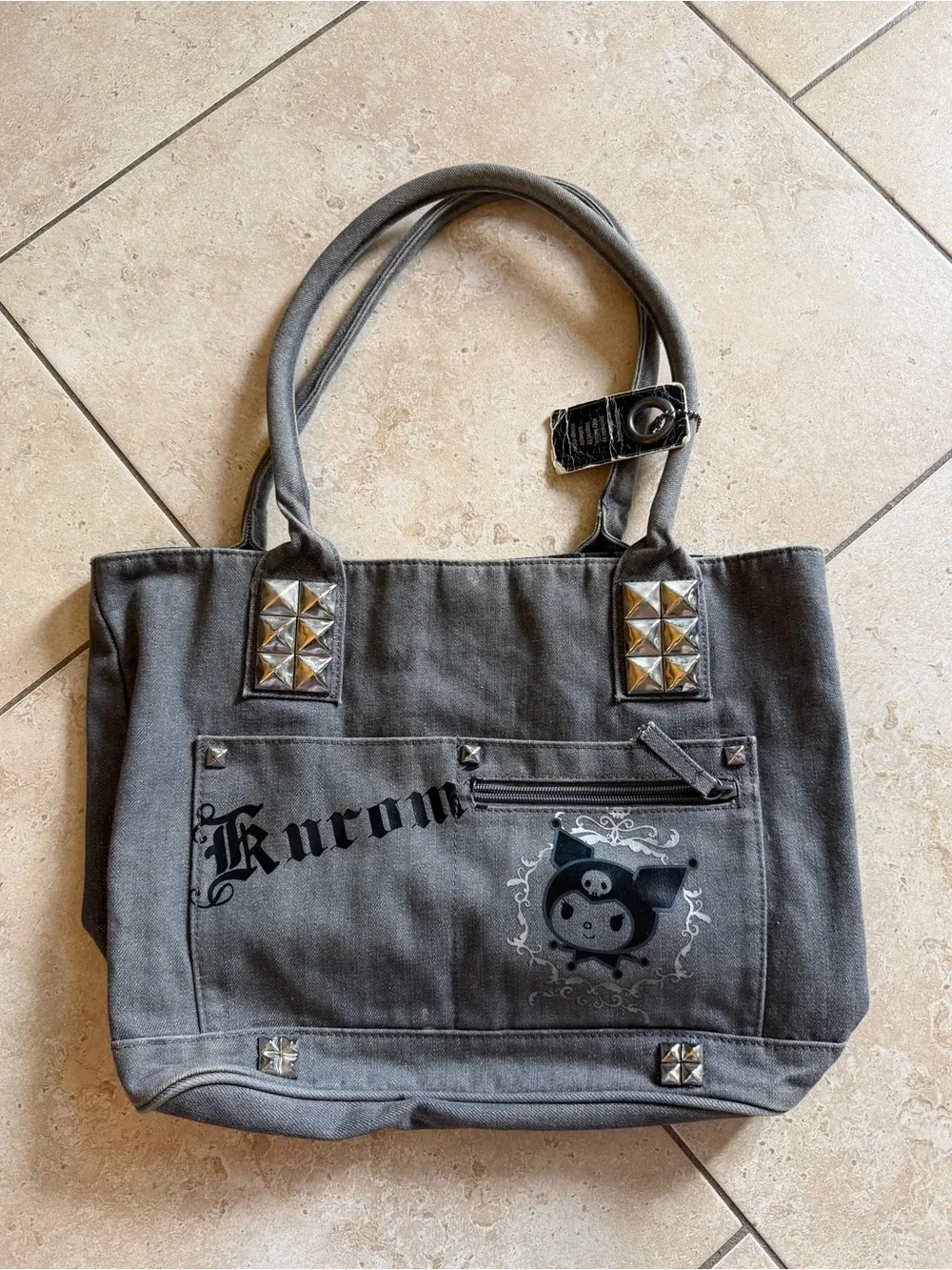 Rare Sanrio Kuromi Studded Gray Fabric Tote Shoulder Bag Y2K Emo Goth Kawaii